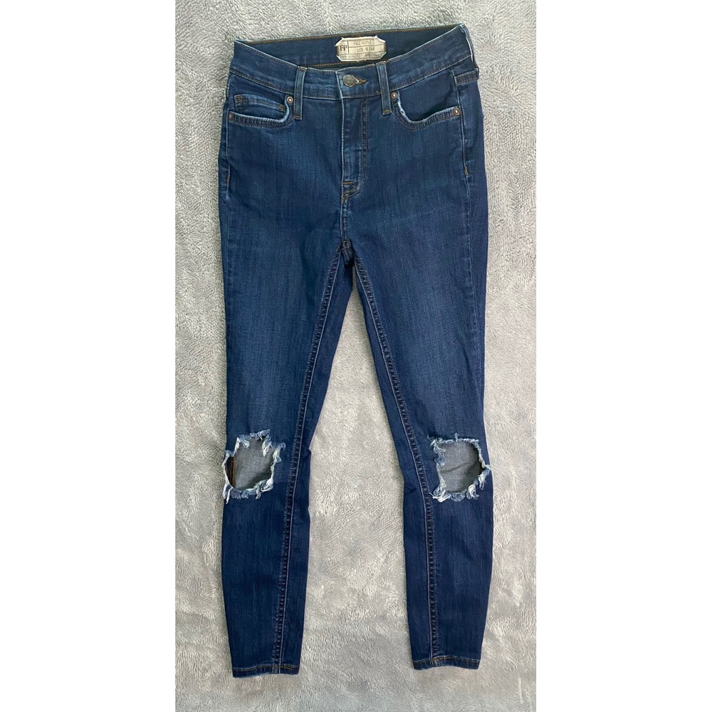 Free People Distressed Skinny Jeans Dark Wash High Rise Ripped Knee Blue Sz 24R